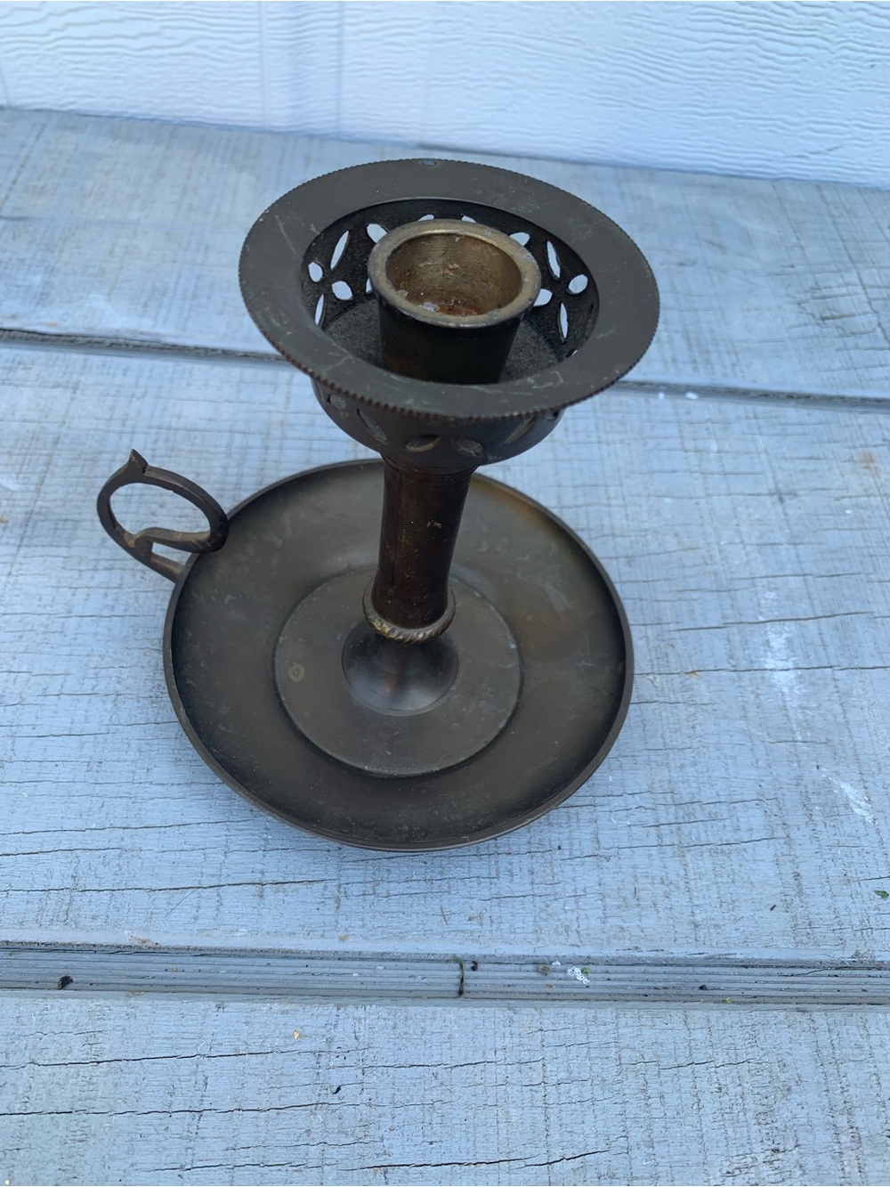 Vintage Solid Brass Chamberstick Candle Holder Pierced Openwork Handle Patina